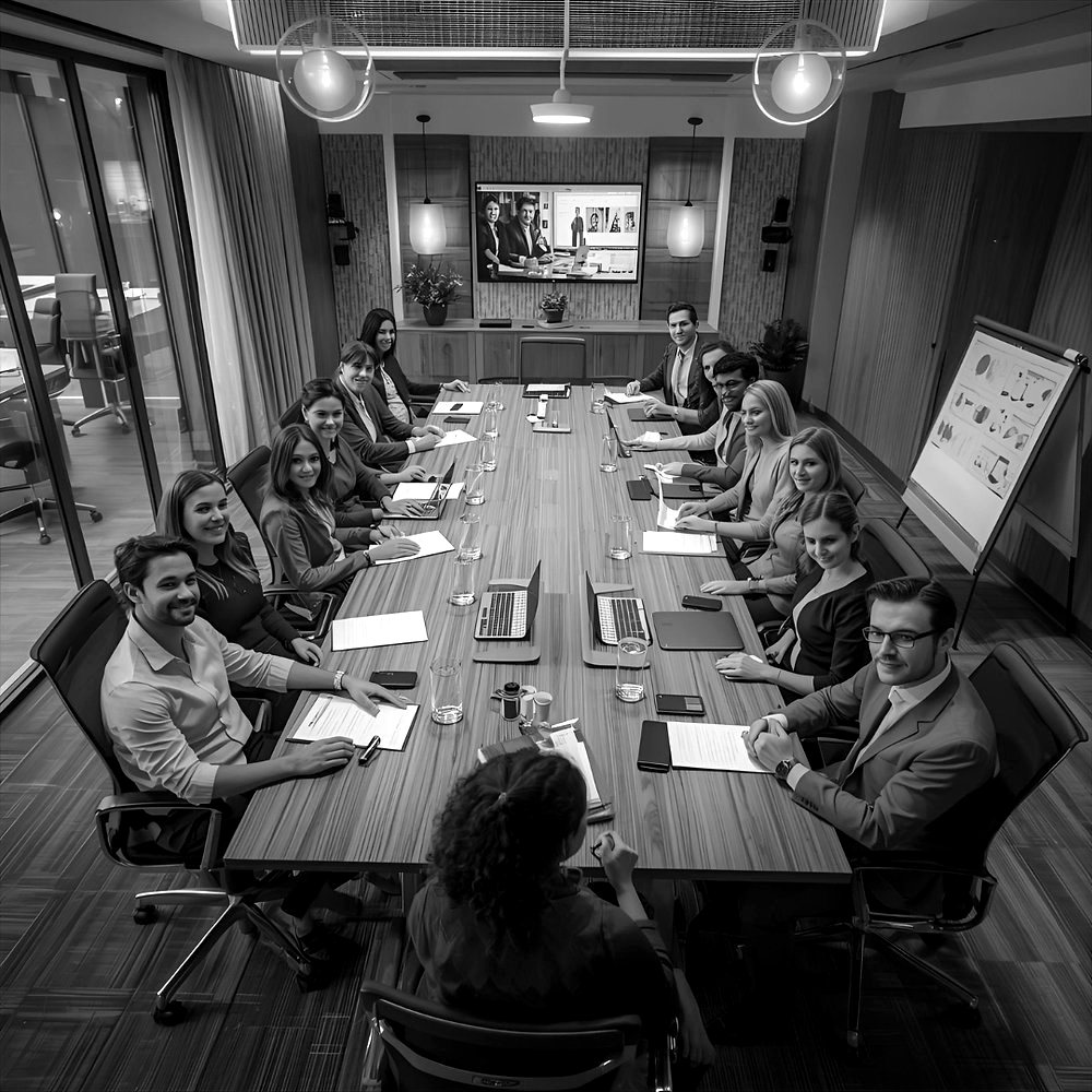 Black-and-white photo of colleagues seated around a long boardroom table