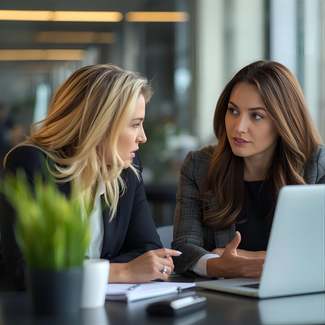 Two women in a discussion at an office desk with a laptop, papers, and a potted plant. Focused expressions, modern office setting.