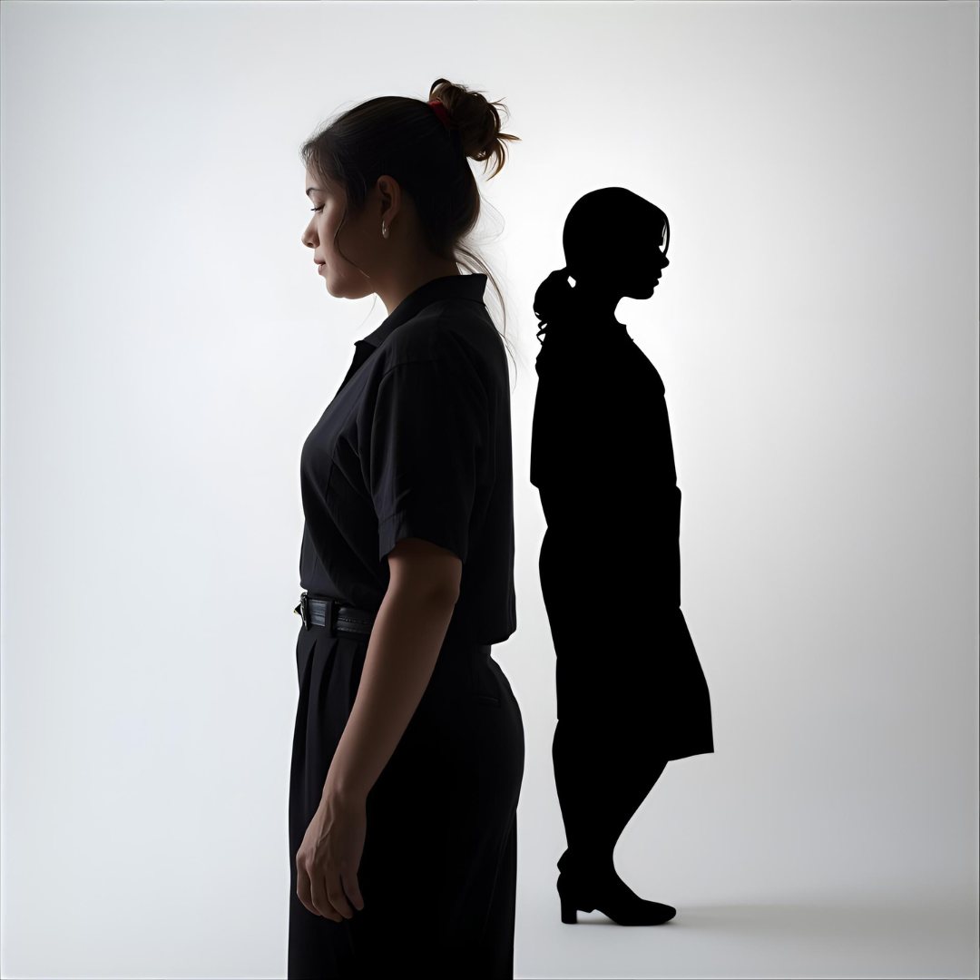 A woman in profile, dressed in black, stands against a white background. Her shadow, also in profile, is visible behind her.