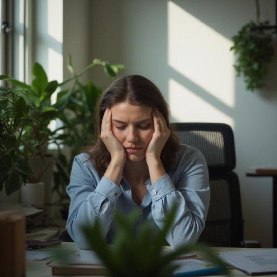 A person in a blue shirt sits at a desk, head in hands, appearing stressed. Sunlight and green plants are in the office background. own your power, play bigger, career coaching for women.