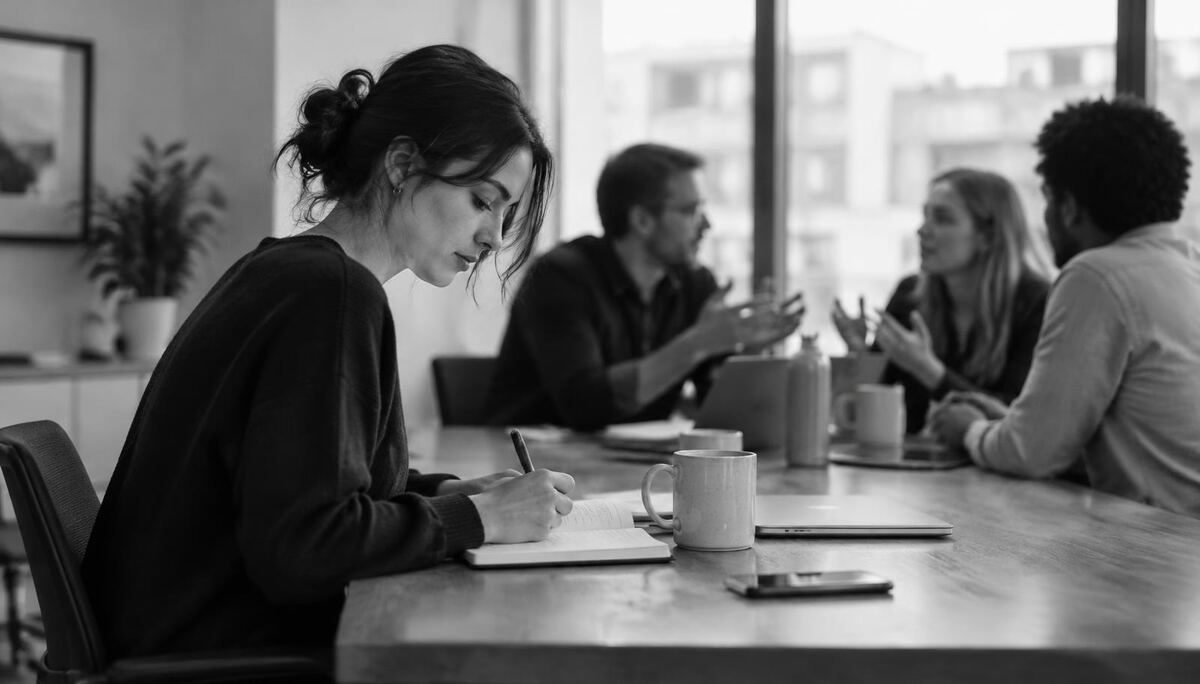 Black-and-white photo of a woman taking notes at a meeting table while her colleagues talk among themselves