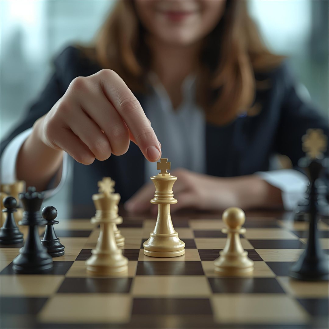 A person in a suit moves a white chess piece on a board, smiling slightly. The setting is bright and modern, with a focused mood.