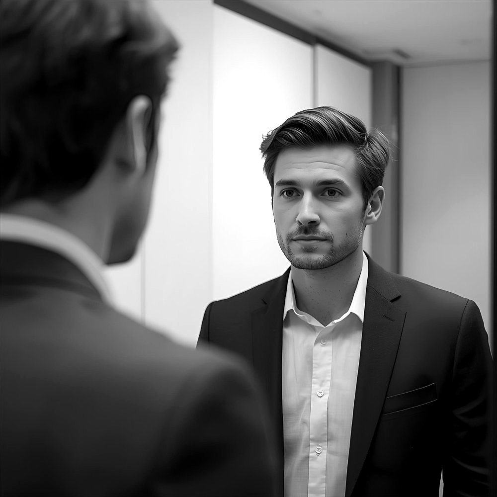Black-and-white photo of a manager facing his reflection in a mirror