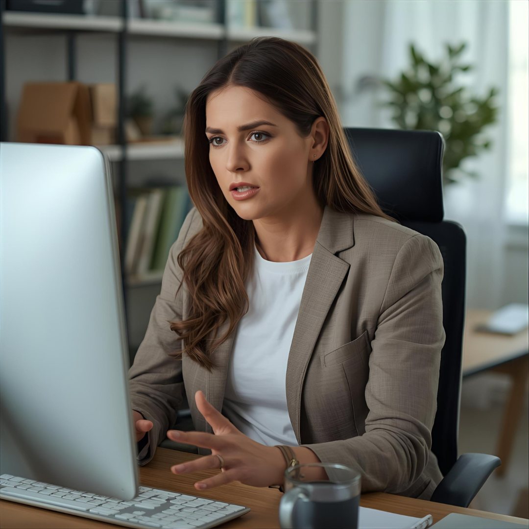 Woman at desk using computer, looking focused and concerned. Office setting with bookshelves and plant in background. Wearing beige blazer.