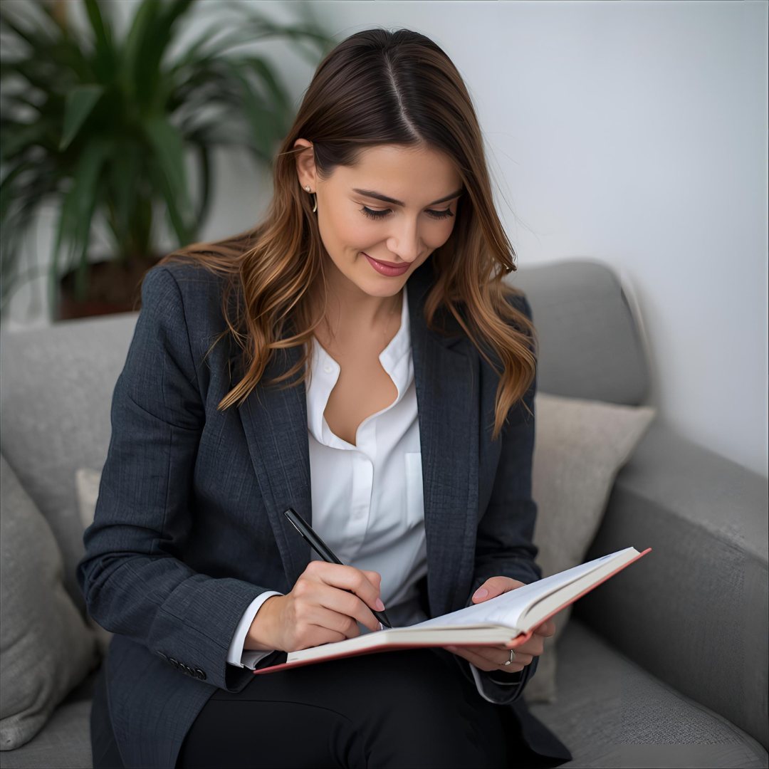 Woman in a dark blazer writing in a notebook while seated on a gray sofa. A green plant decorates the light background, creating a calm mood.