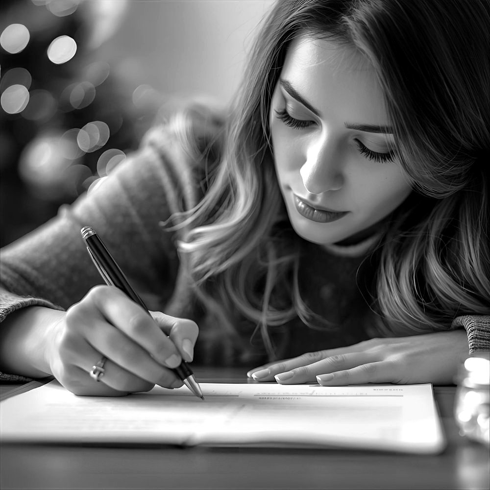 Black-and-white photo of a woman writing notes while considering her next career move
