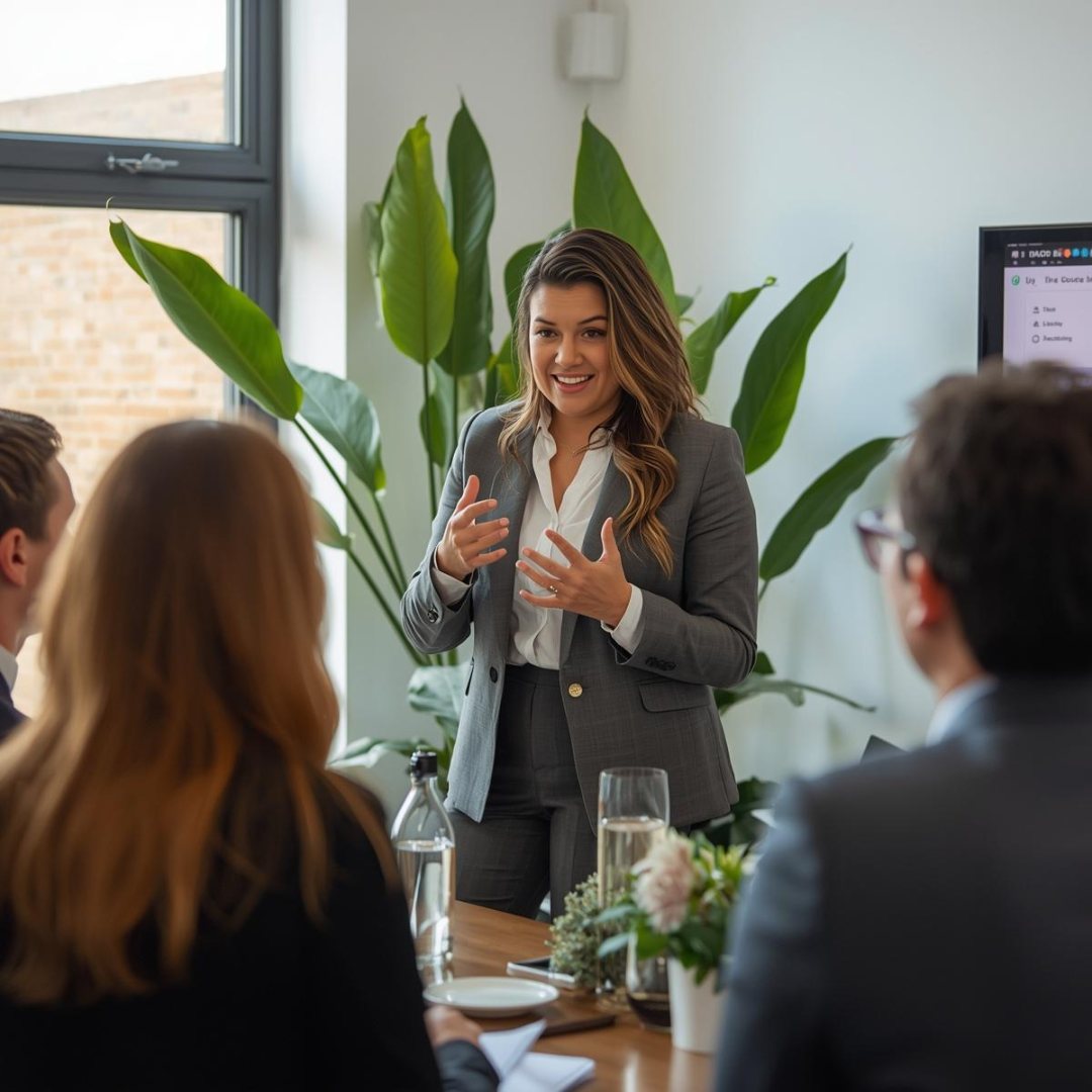 Businesswoman in a gray suit presents confidently at a table with three colleagues. Background features green plants and a screen. Own your power, play bigger, career coaching for women by impowr