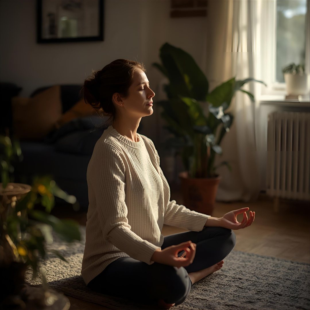 Woman in white sweater meditating on a rug in a sunlit room with plants, radiating calm and serenity.