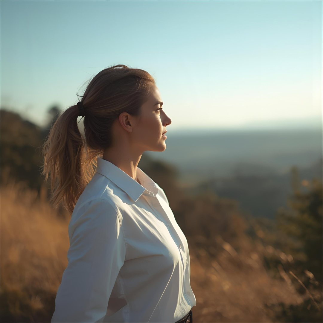 Woman in a white shirt gazes thoughtfully at a distant landscape. Sunlit grass and clear sky create a serene atmosphere.