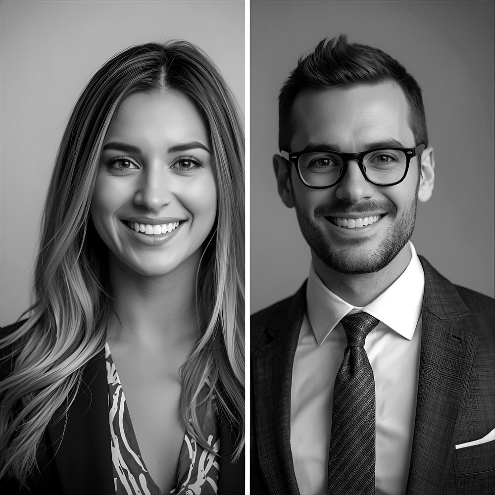 Black-and-white photo of side-by-side portraits of two business professionals