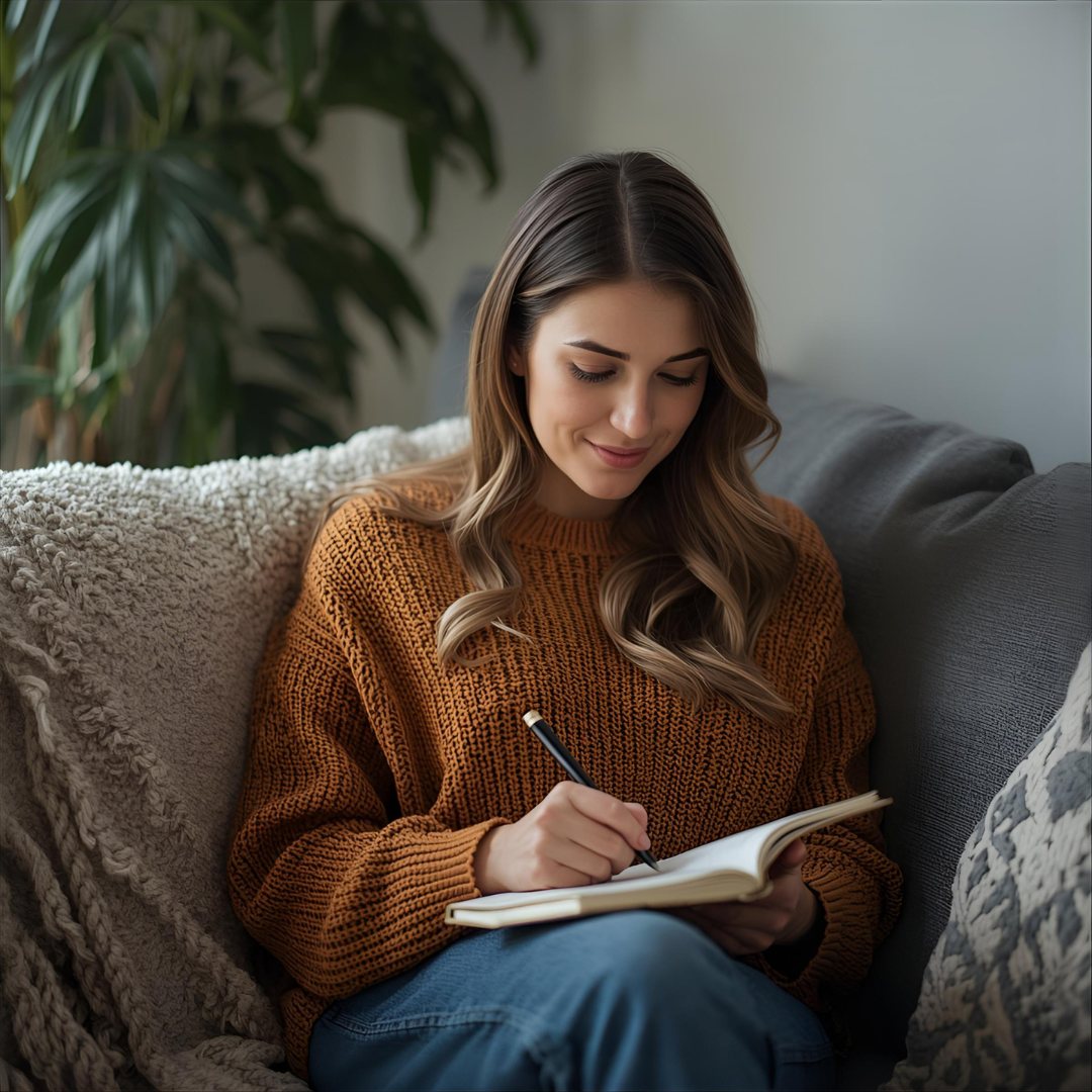 Woman in a cozy orange sweater writing in a notebook on a gray couch, with plants in the background. Calm and focused atmosphere.