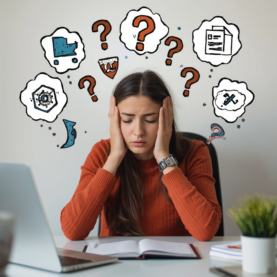 Young woman in orange sweater looks stressed, sitting at a desk with a laptop and open book. Question marks and icons float above her head. own your power, play bigger with confidence
