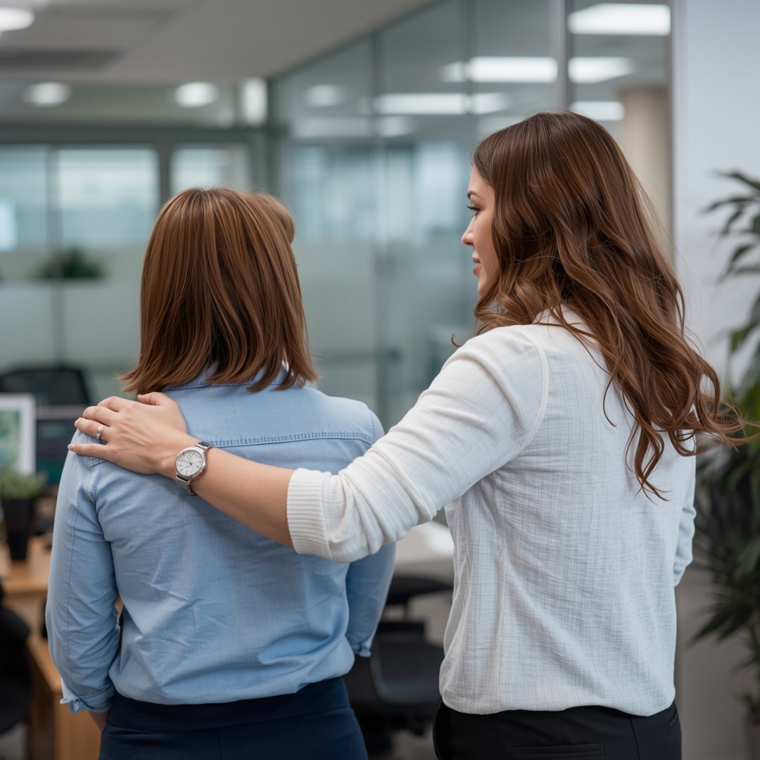 Two women in an office. One supports the other with a hand on her shoulder. Blurred background, glass walls, plant visible. own your power, play bigger by impowr career coaching for women