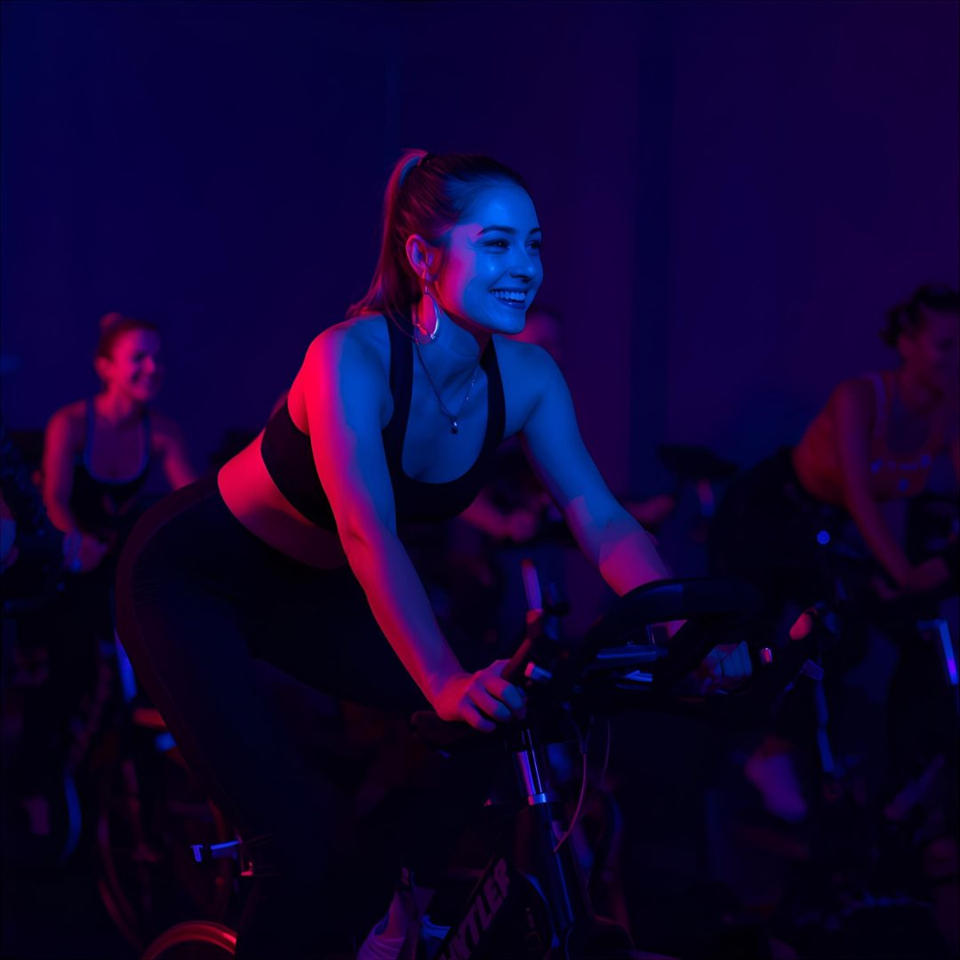 Woman smiling on exercise bike in dimly lit spin class. Blue and pink lights create vibrant atmosphere. Others cycling in background.