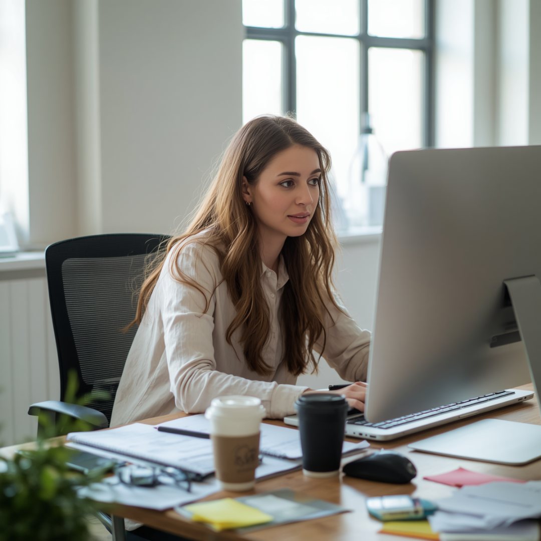 Woman working at a computer in a bright office. Desk has coffee cups, papers, and stationery. The mood is focused and professional. own your power, play bigger with impowr career coaching for women.