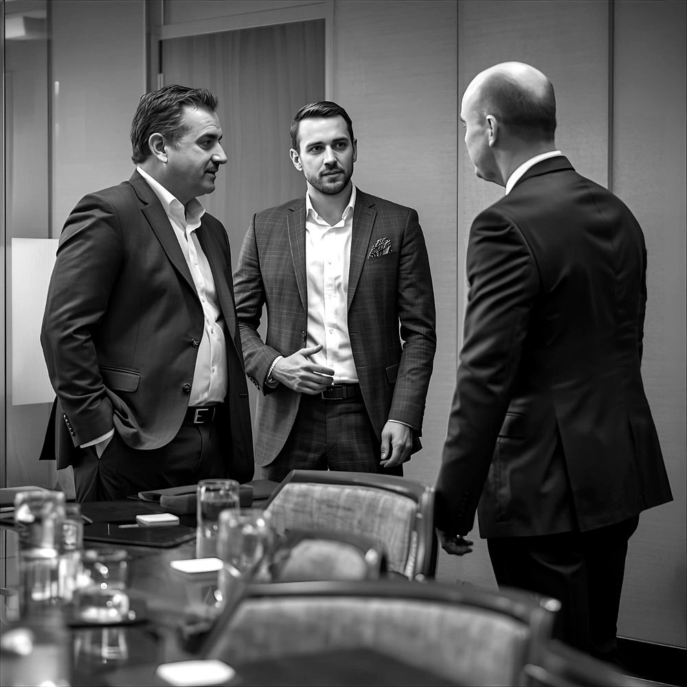 Black-and-white photo of male colleagues talking outside a formal meeting