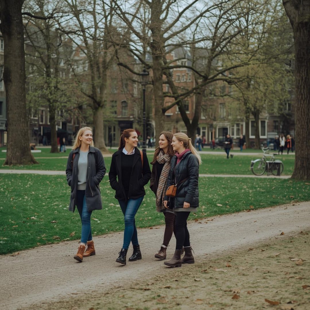 Four women walking and chatting in a green park, wearing jackets. Trees and buildings in the background. Relaxed and cheerful mood. own your power play bigger