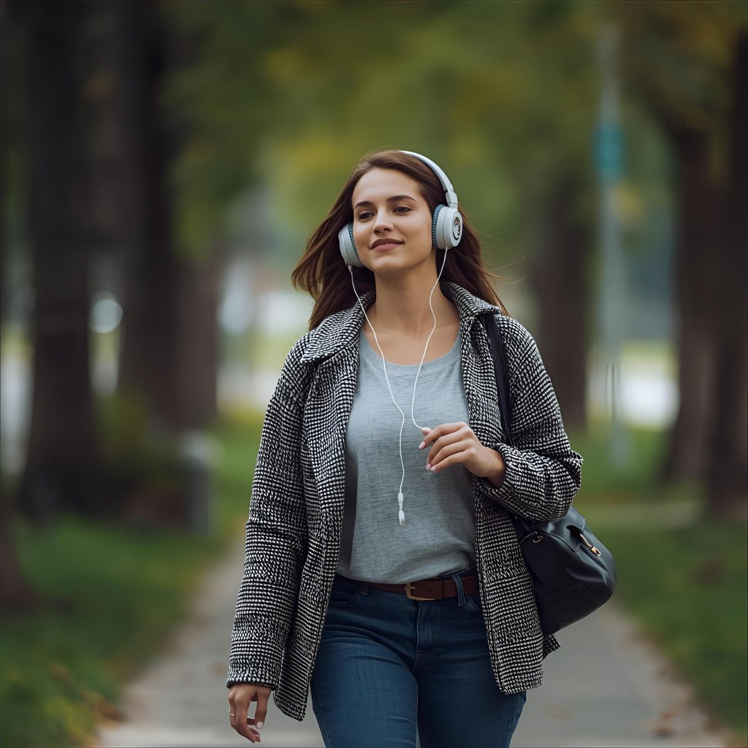 Woman in a gray jacket and jeans walking on a tree-lined path, wearing headphones and smiling. Green blurred background, relaxed mood.