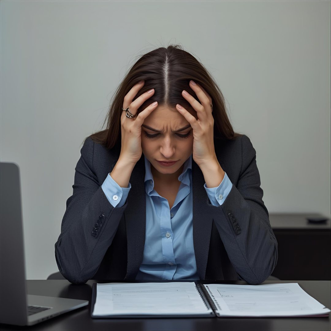 A woman in a blue shirt and blazer is sitting at a desk, holding her head in frustration over an open notebook. A laptop is nearby.