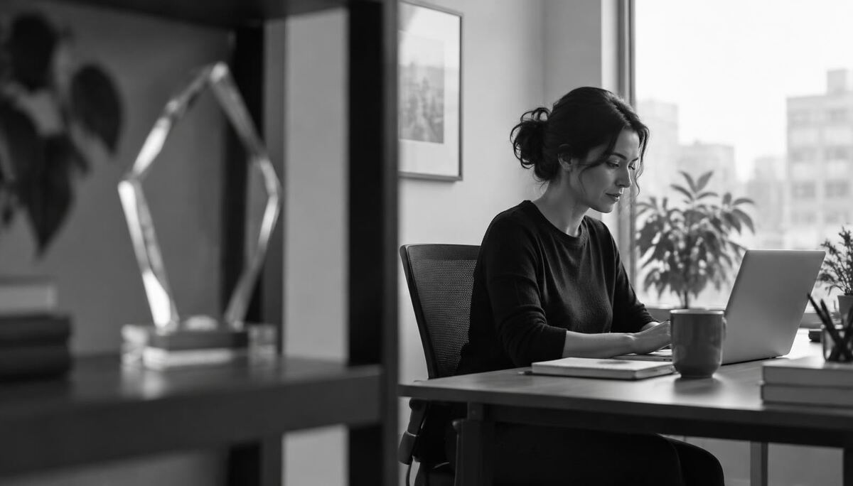 Black-and-white photo of a glass award on an office shelf, out of focus, with a woman working at her laptop behind it