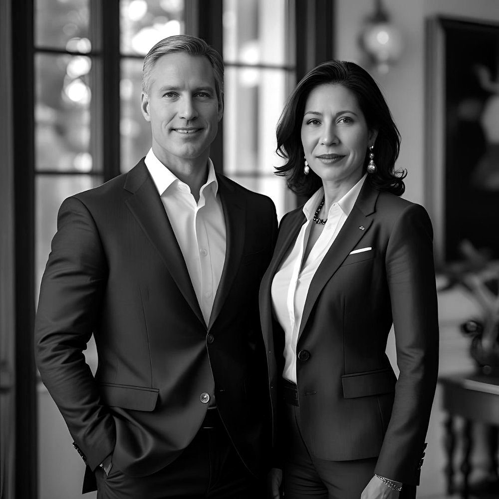 Black-and-white photo of two business leaders standing together in an office