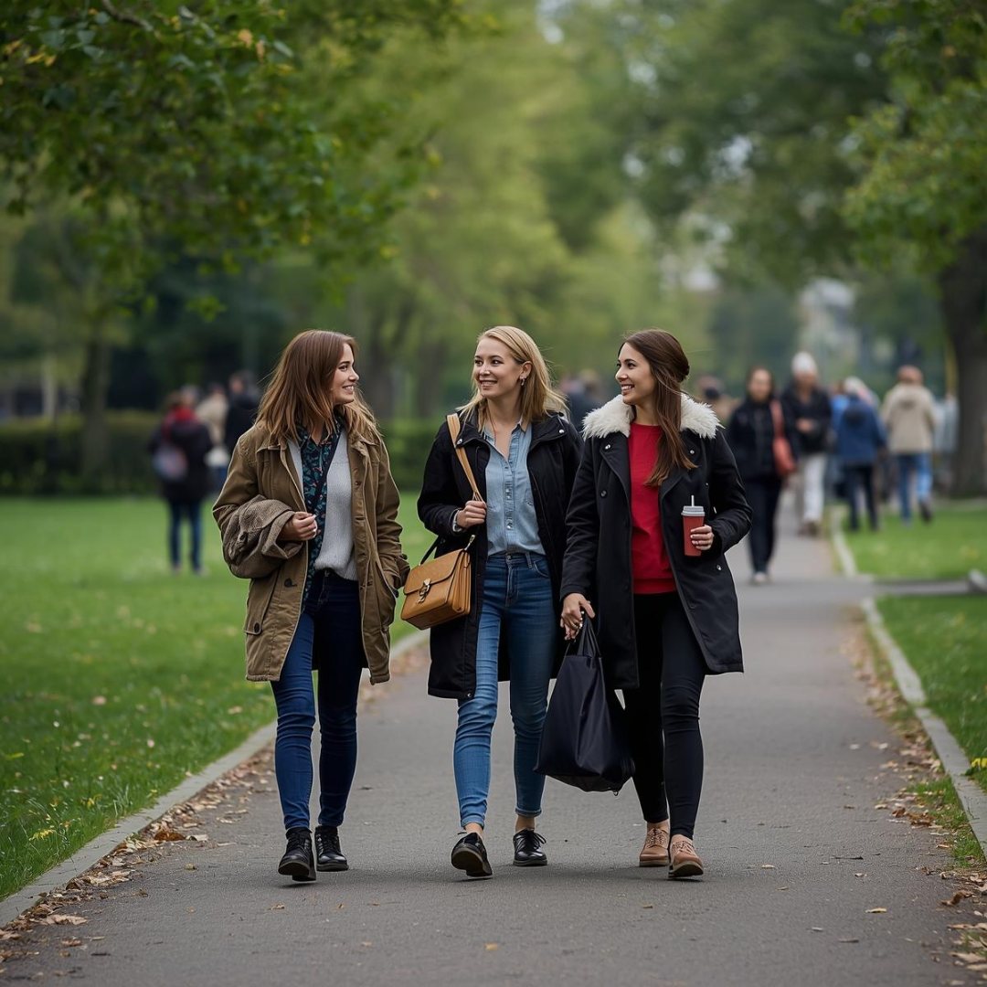 Three women walk down a park path, talking and smiling. They wear casual jackets. Green trees and people in the distance set the background. impowr play bigger playbook helps with playing bigger in your life and career