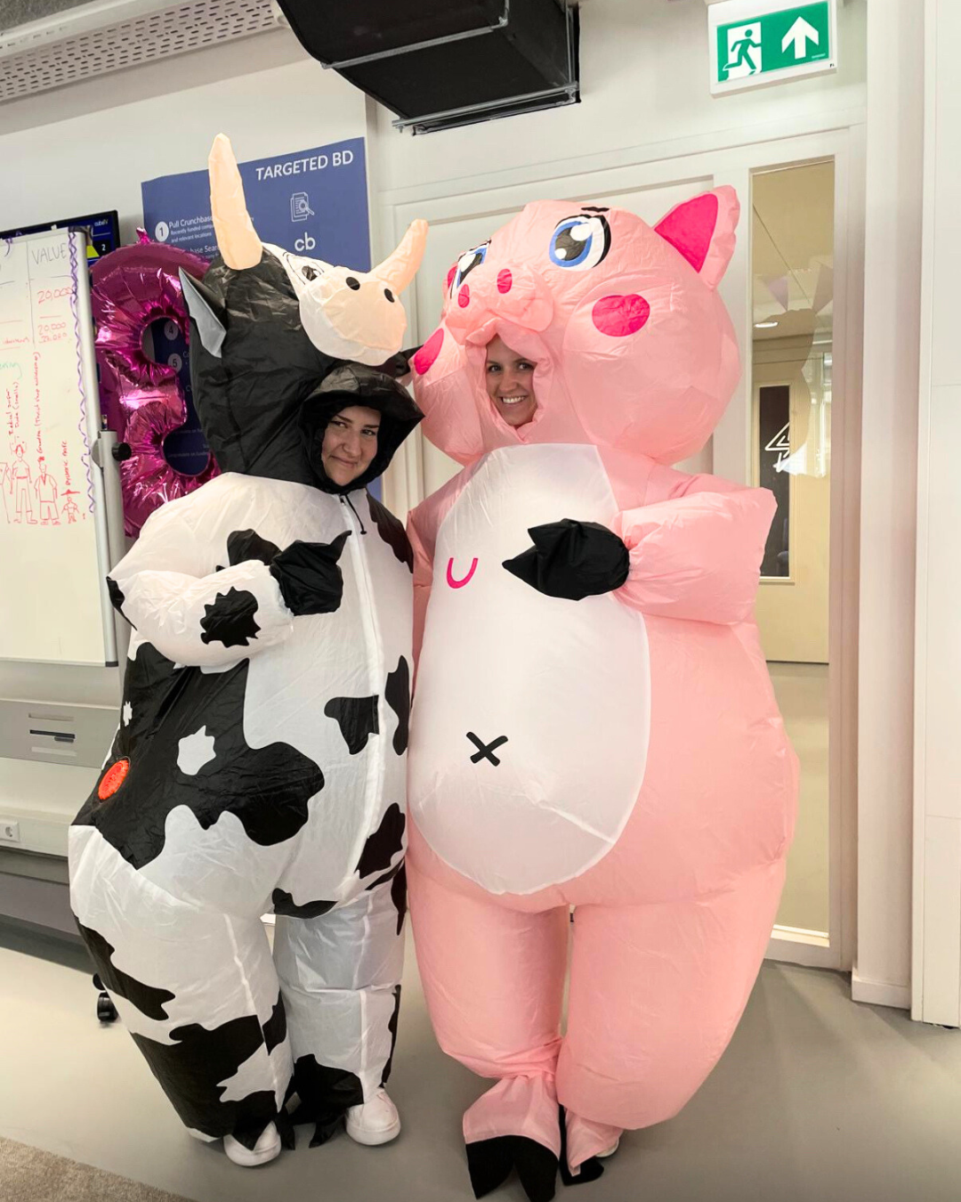 Yoana and Tiffany in inflatable cow and pig costumes