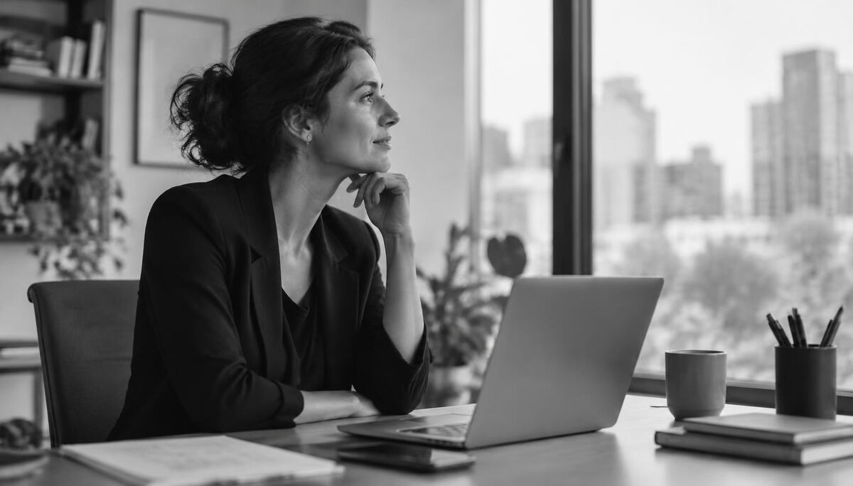 Black-and-white photo of a professional woman at her desk with her laptop open, looking thoughtfully out of an office window