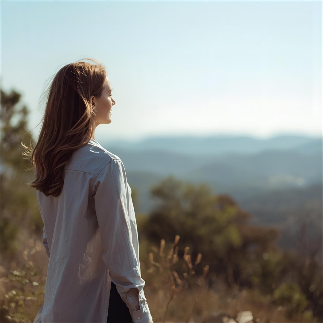 Woman in a light shirt stands in nature, gazing at distant mountains under a clear blue sky, conveying a sense of calm and freedom. impowr play bigger playbook helps with that