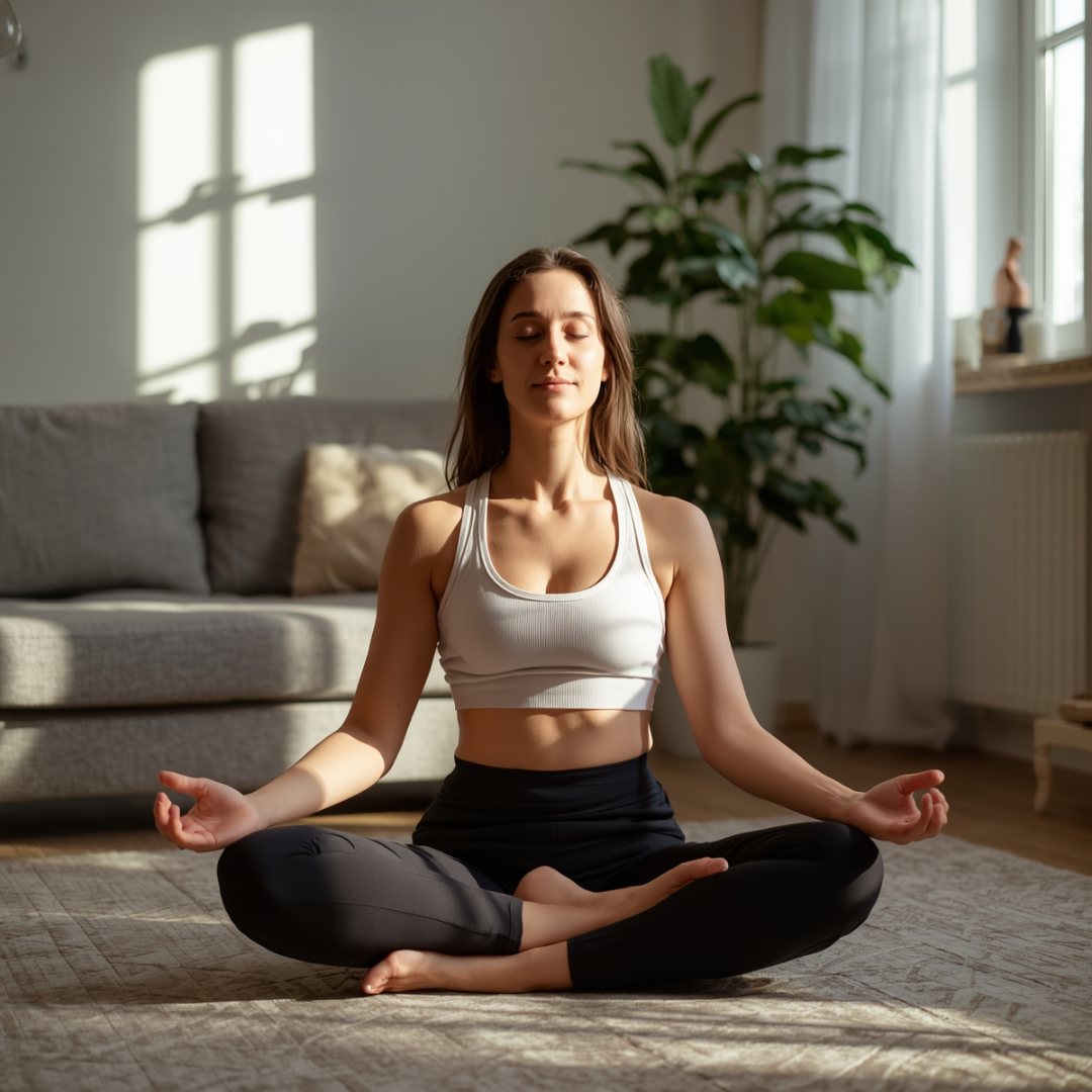 Woman meditating in a sunlit living room, sitting cross-legged on a rug. She's in a white top, eyes closed, with a peaceful expression.