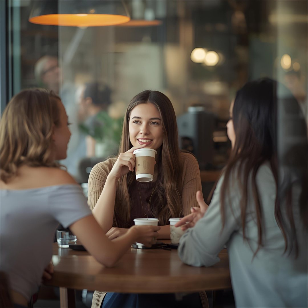 Three women chat and smile over coffee in a cozy cafe with warm lighting. One woman holds a cup, creating a relaxed and friendly mood.