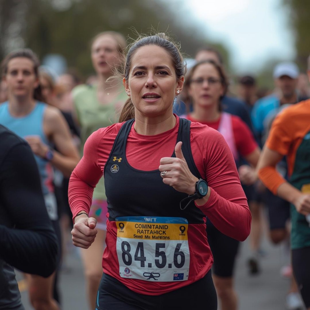 Runner in red and black with race bib 84.5.6 thumbs up during a marathon on a cloudy day, surrounded by other focused runners. She is trying new things playing bigger own your power with impowr