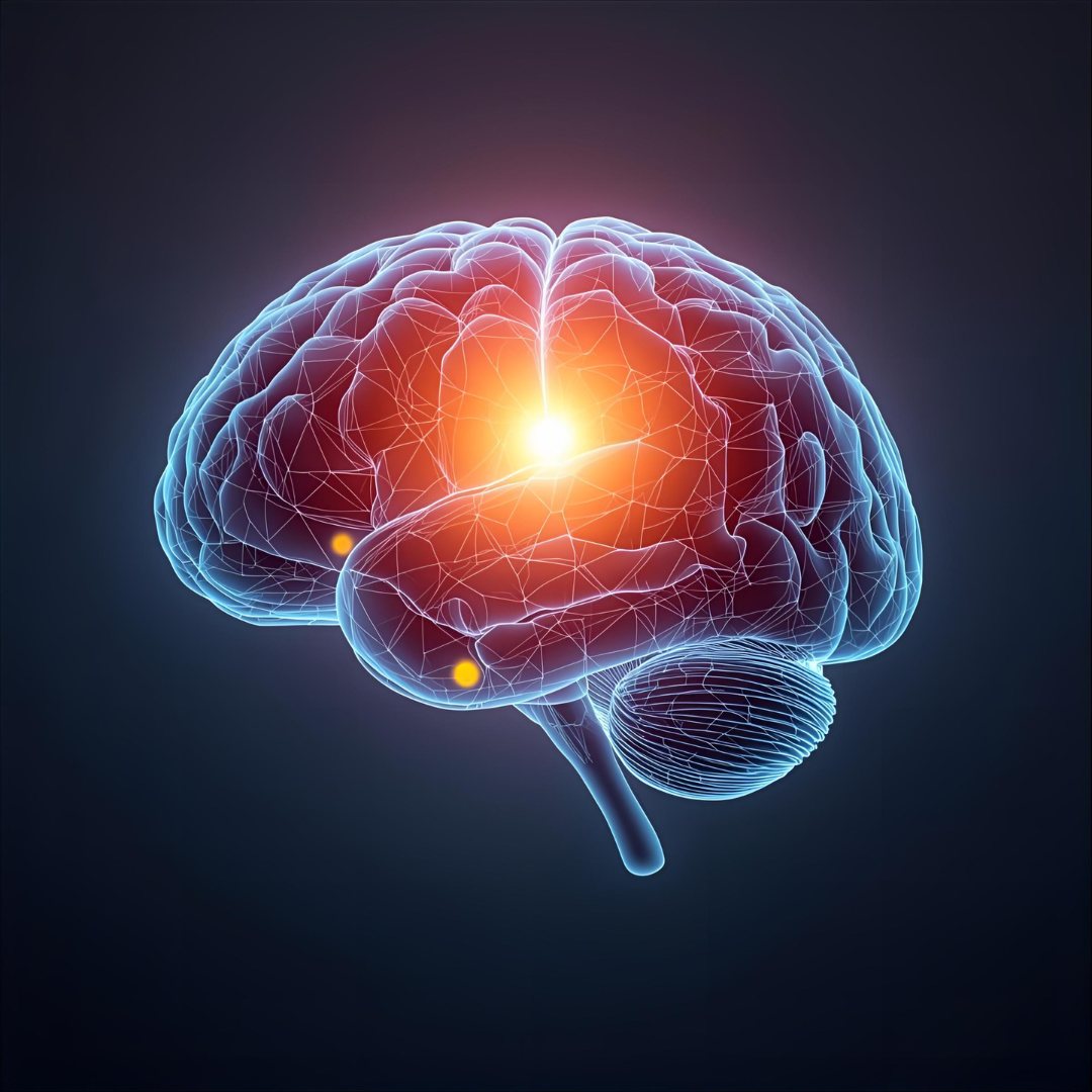 Glowing digital brain with blue lines and bright orange center against dark background, symbolizing neural activity or innovation.