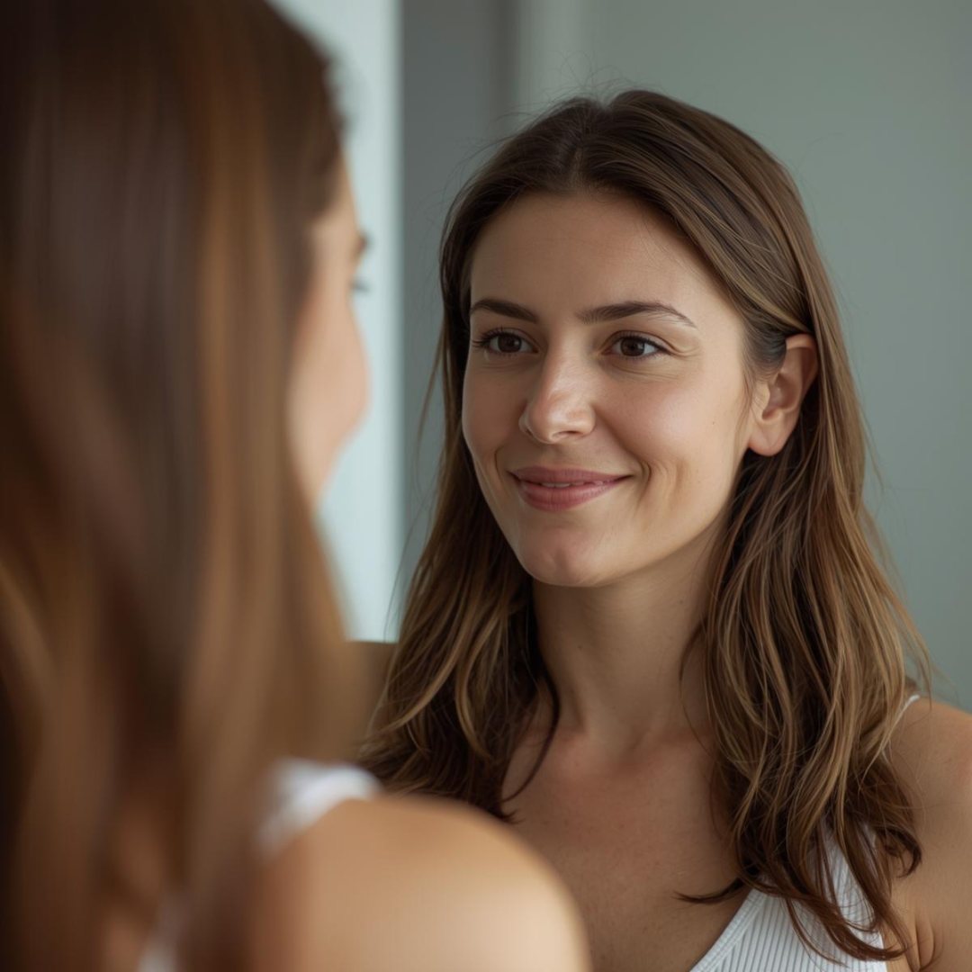 Woman with long hair smiles while looking at her reflection in a mirror. Bright, neutral-toned background, creating a calm and happy mood. own your power she thinks and uses impowr for her coaching