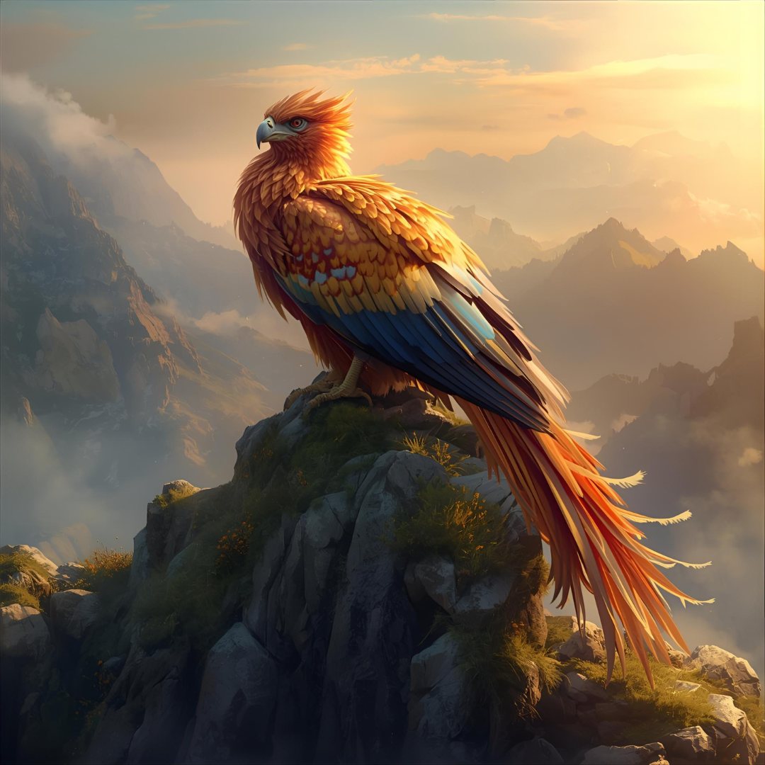 A vivid orange and blue bird perched on a rocky mountain peak at sunset, with a dramatic cloudy sky and distant mountains.