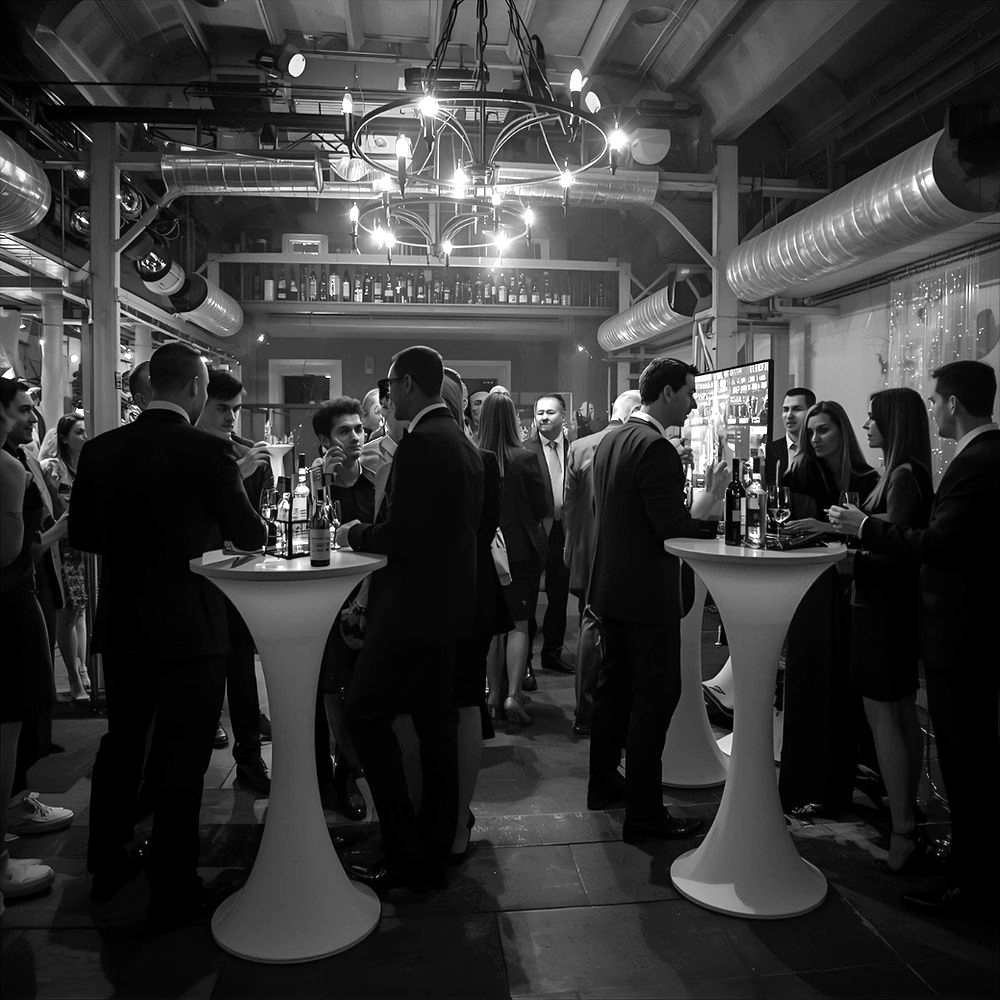 Black-and-white photo of colleagues gathered at a company holiday reception