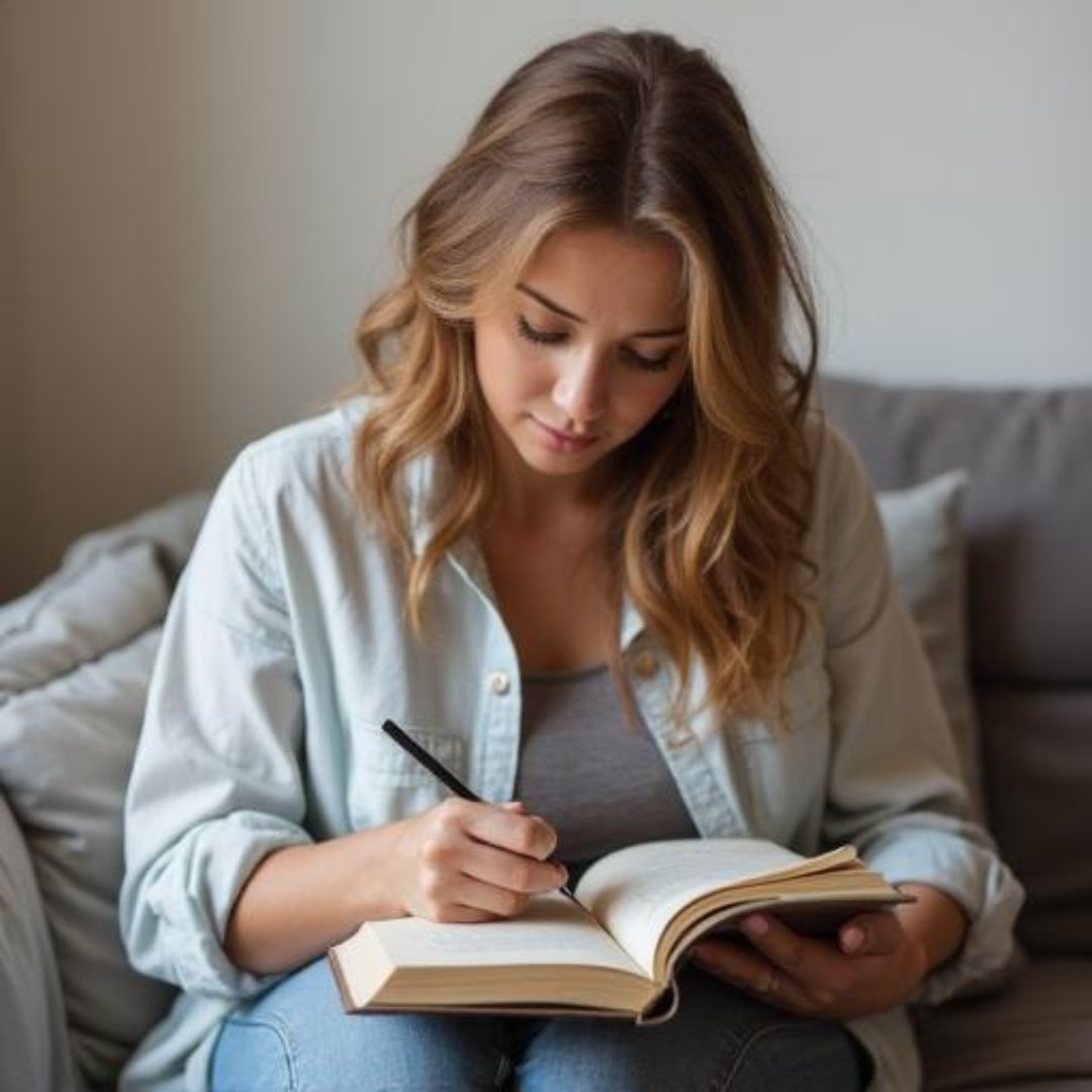 Young woman with long hair sits on a couch writing in a notebook, wearing a light blue shirt. The setting is calm and cozy. impowr play bigger playbook helps with imagine the dream future