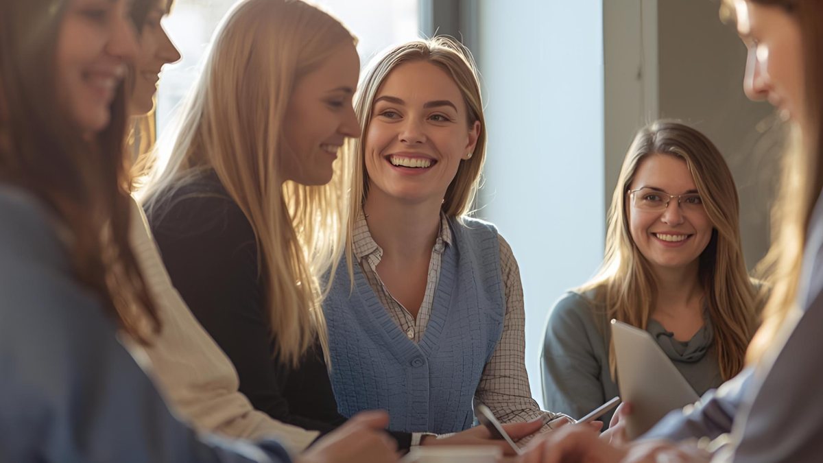 Group of women smiling and talking in a brightly lit room. One holds a notepad, another a tablet. Warm, friendly atmosphere.