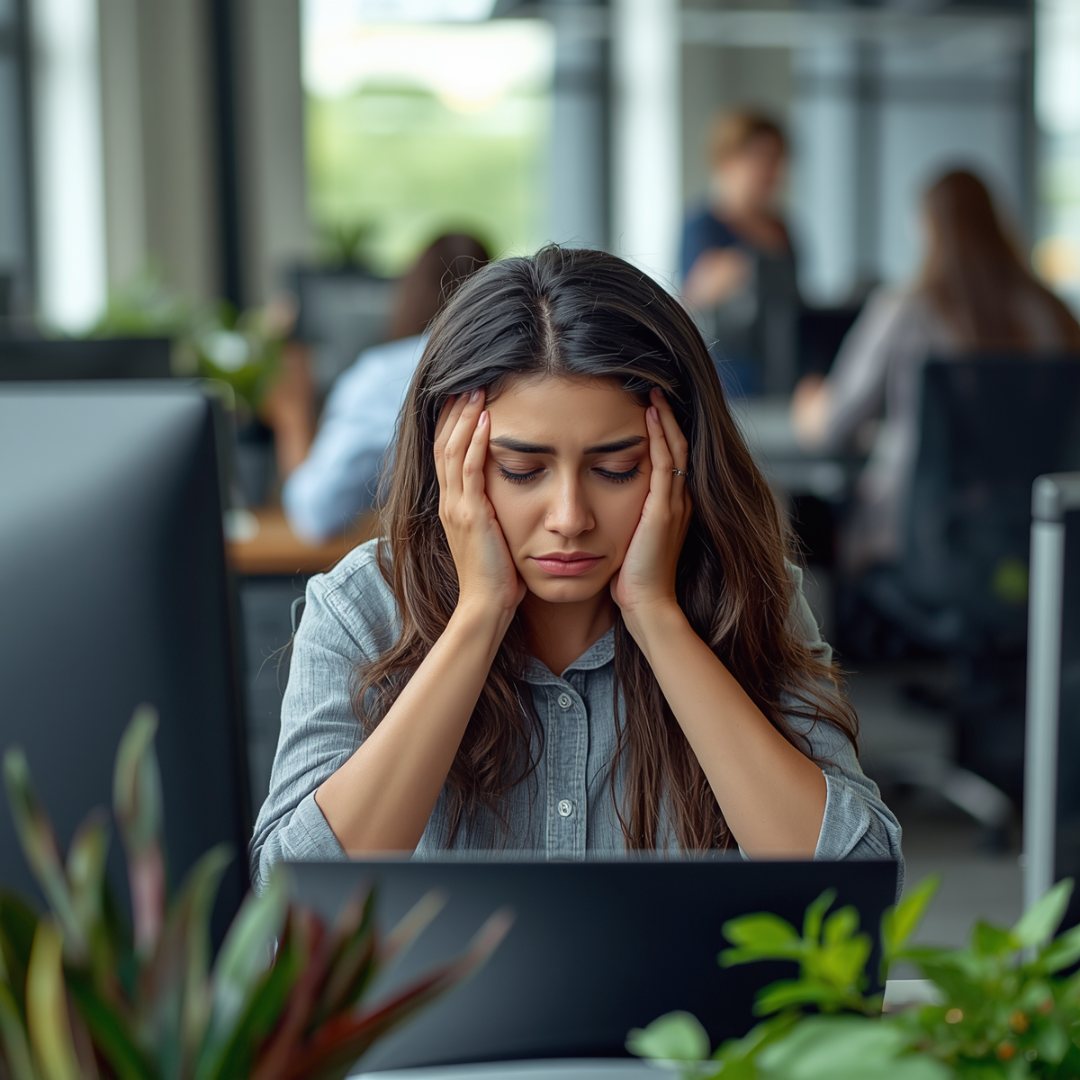 Woman in a blue shirt looks stressed, holding her head at a desk in a busy office with plants and computers around. Others work in background. play bigger own your power