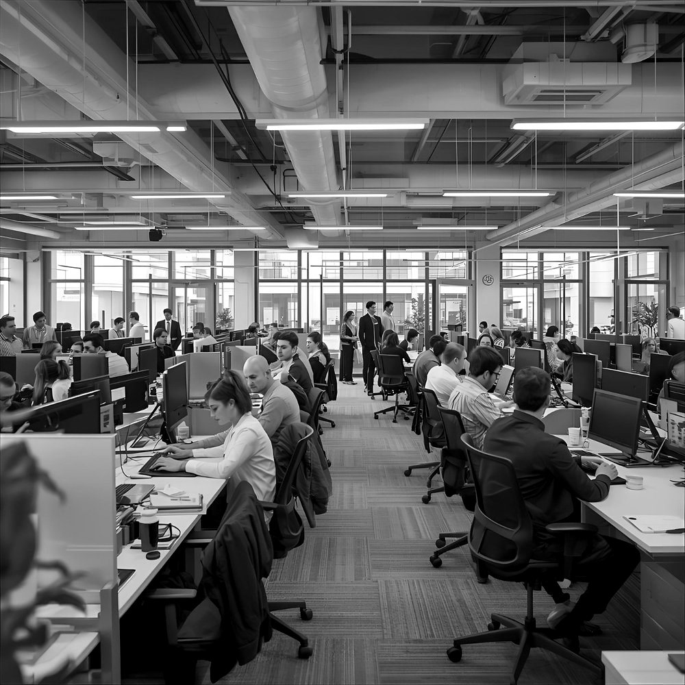 Black-and-white photo of employees working in a busy open-plan office