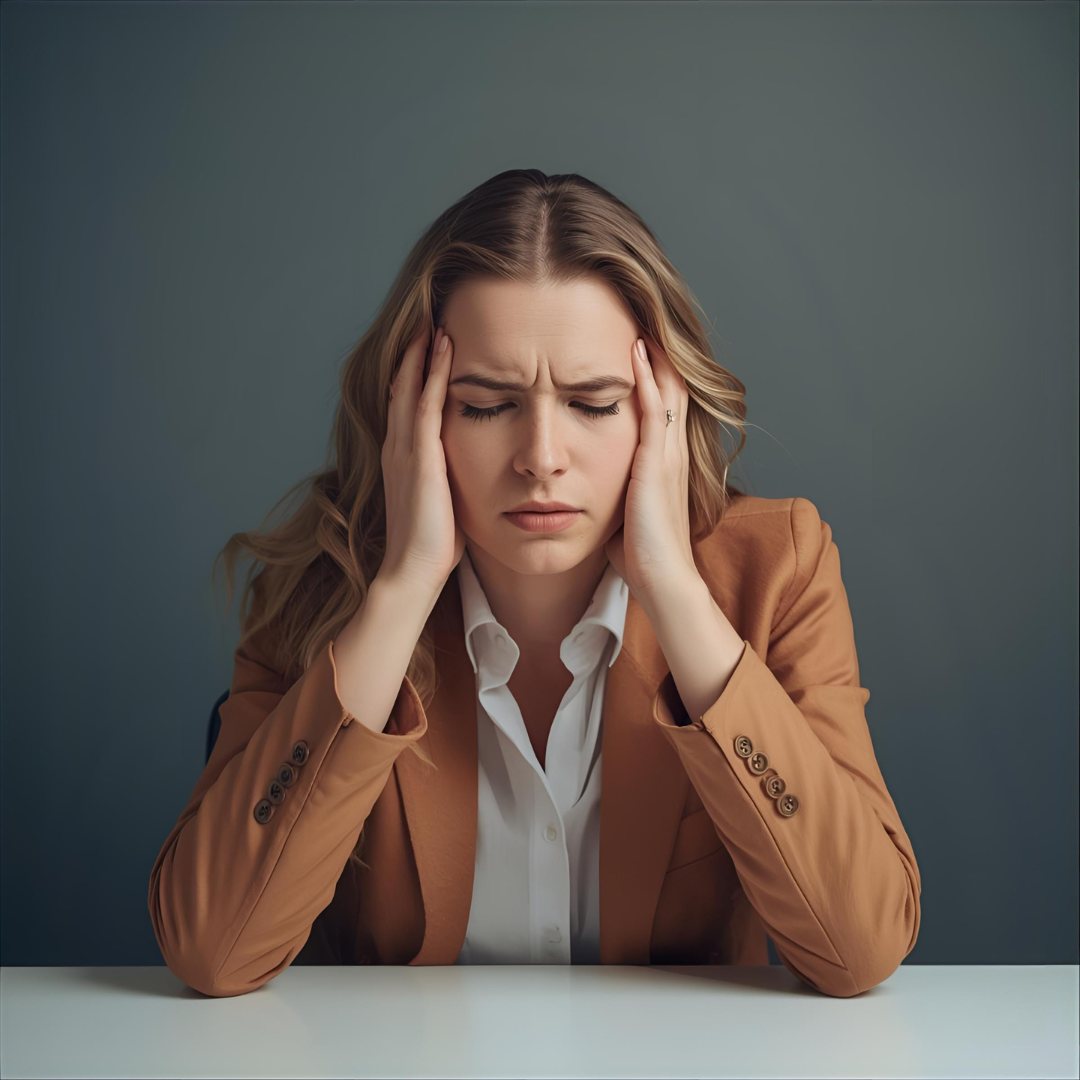 Woman in a brown blazer sits at a white table, holding her head in apparent frustration against a gray background.