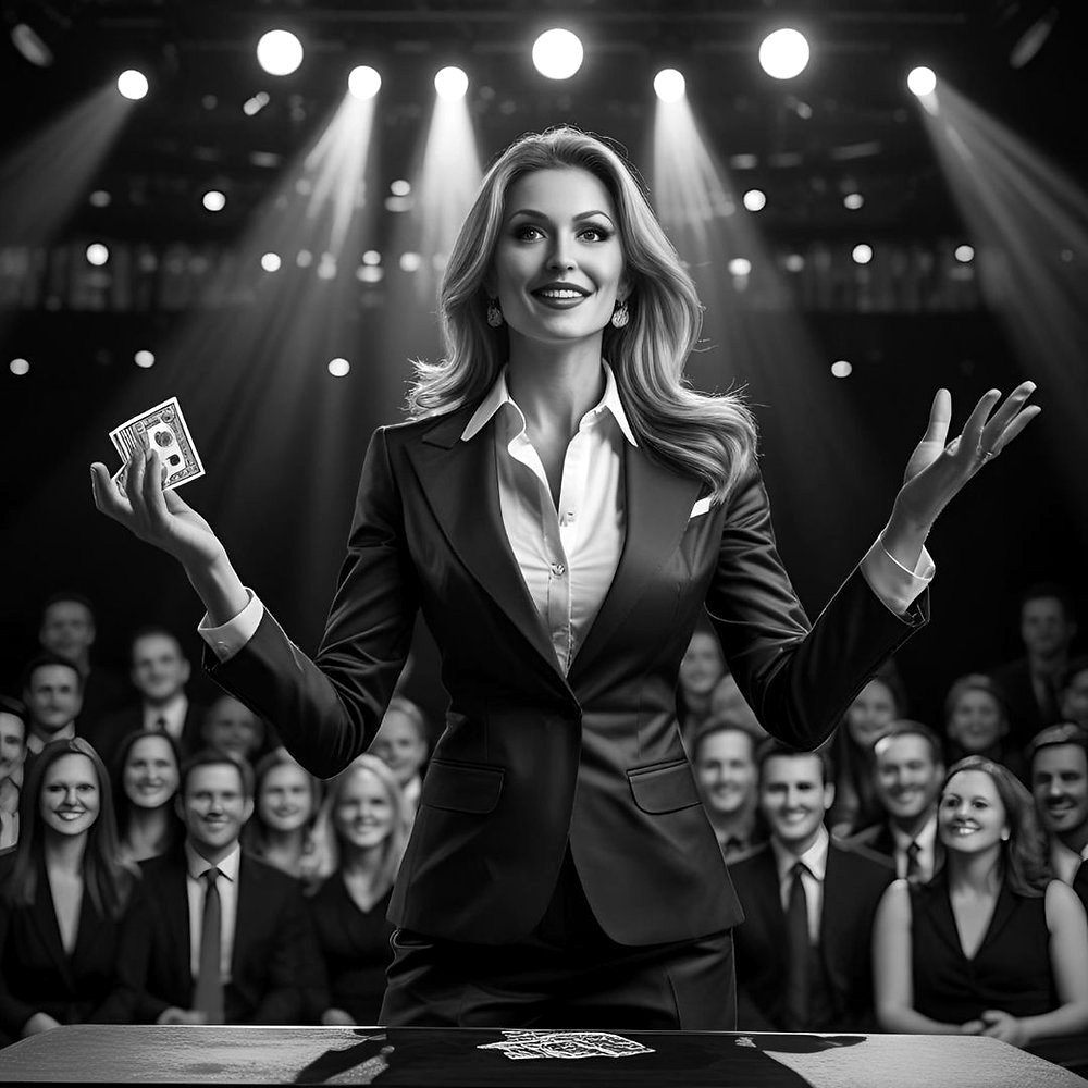 Black-and-white photo of a businesswoman on a stage holding a playing card