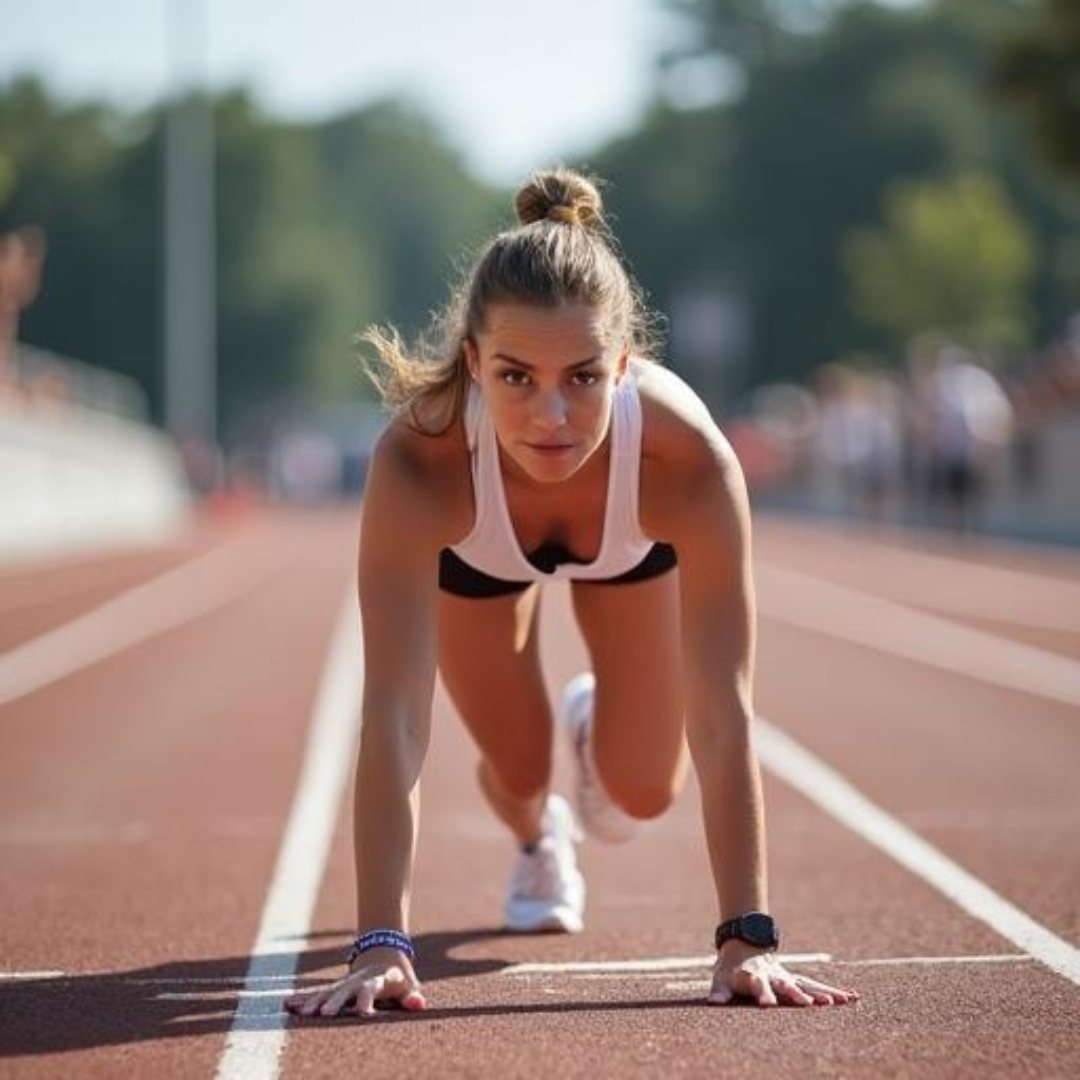 Athlete in a white tank and black shorts crouches at a track starting line, focused, with blurred trees and spectators in the background. own your power, play bigger with impowr, career coaching for women
