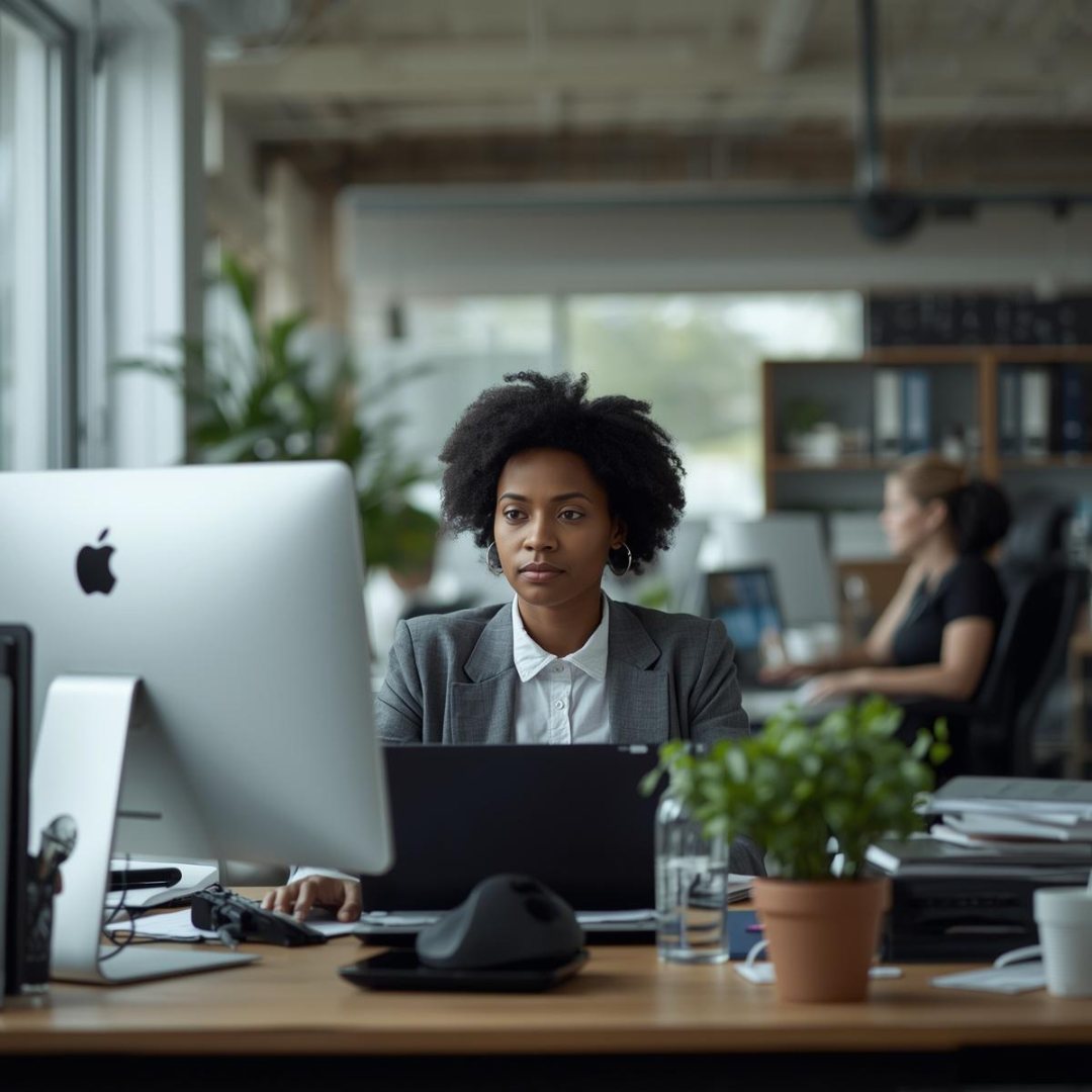 Woman in suit working at a desk, focused on a computer. Bright office with plants and other people working in the background. Own your power and play bigger with impowr, coaching for women in business in the Netherlands