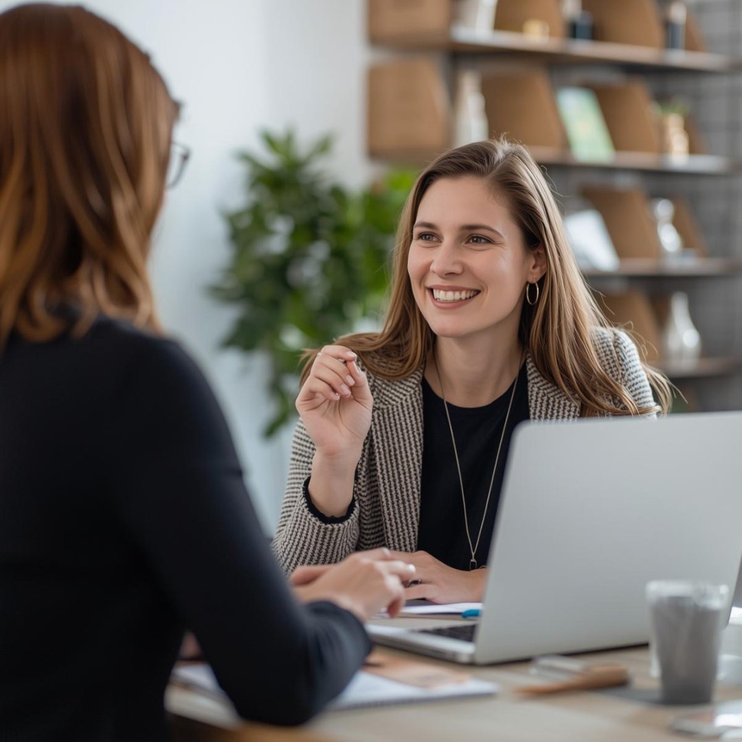 Two women talking at a desk in a modern office. One smiles warmly, gesturing with a pen. Open laptop and notepad are visible. Neutral tones. impowr coaching career coaching to own your power and play bigger