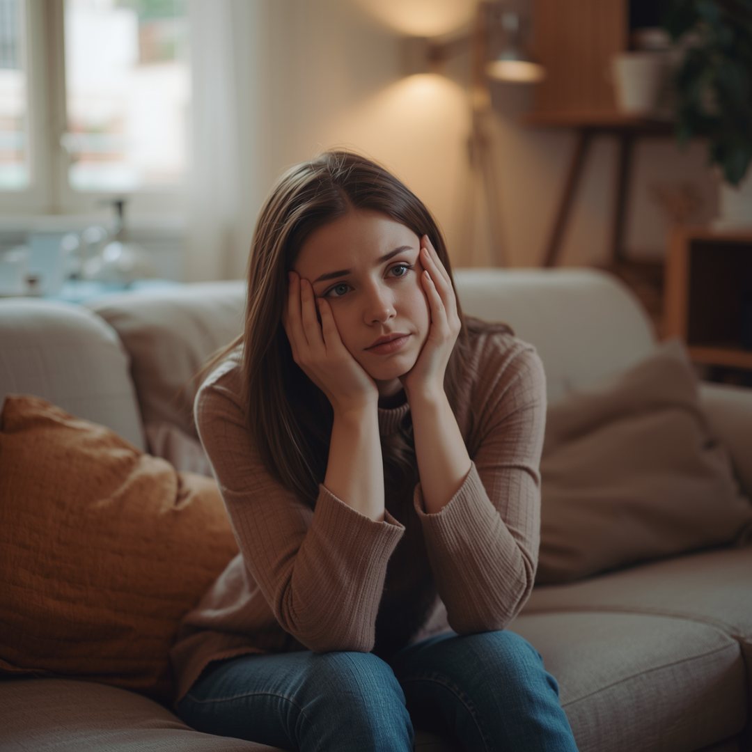 Woman sitting on a couch, looking contemplative with head in hands. Warm lighting, cozy room with cushions and a lamp in the background. own your power play bigger