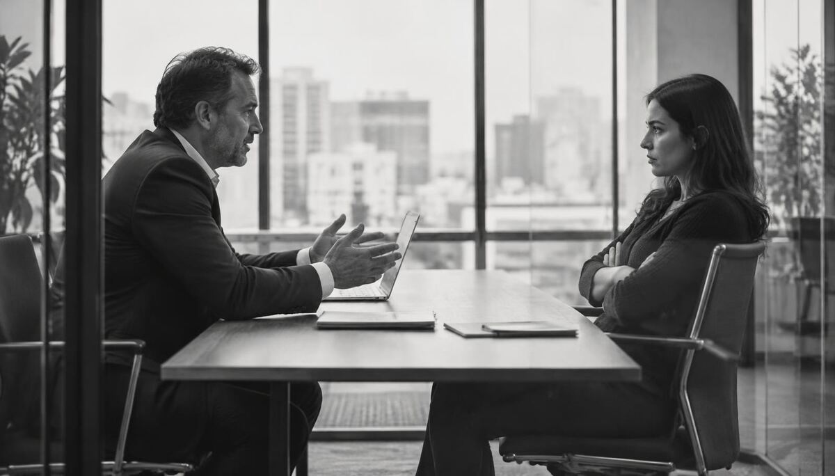Black-and-white side view of a one-to-one meeting: a manager talks while the woman opposite sits with her arms crossed