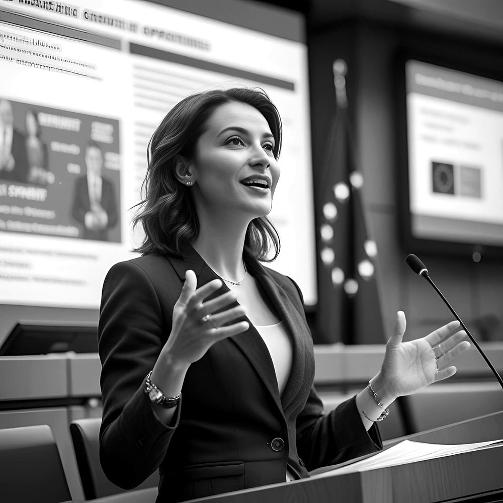 Black-and-white photo of a woman speaking in a European policy meeting