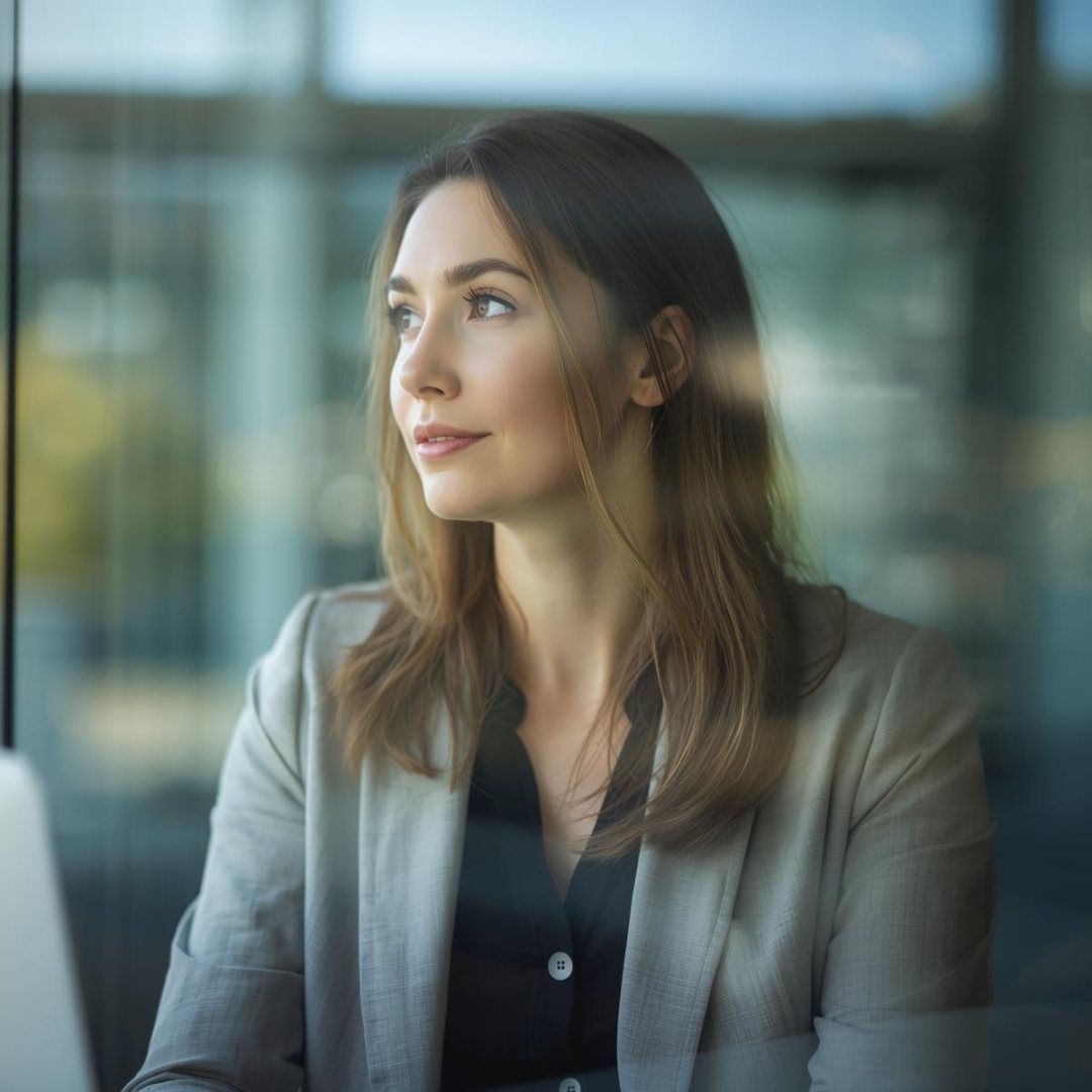 Woman in a gray blazer looks thoughtfully out a window in a bright office setting. Soft lighting and a calm expression. She uses impower careering coaching to own her power play bigger be confident