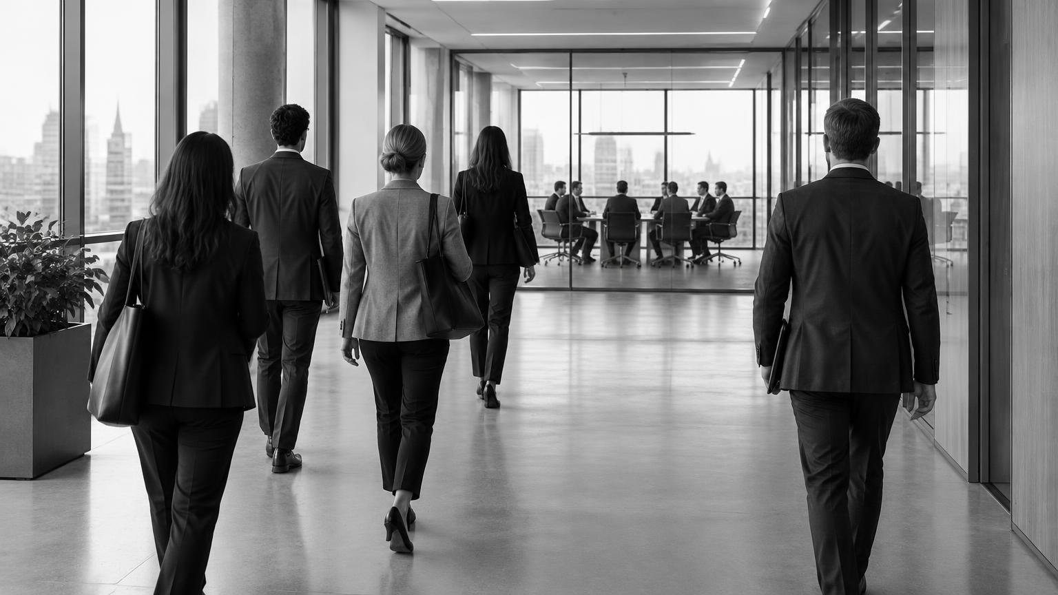 Black-and-white office corridor seen from behind women and men walking into work together, with an all-male meeting in a glass-walled boardroom ahead